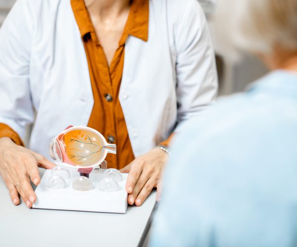 Oftalmologa mostra il modello dell’occhio a un paziente anziano durante una visita medica nello studio oculistico.