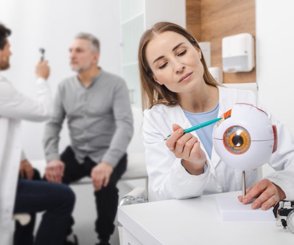 Optometrist demonstrating eye anatomy during patient consultation in clinical setting. Vision treatment and correction, eye care